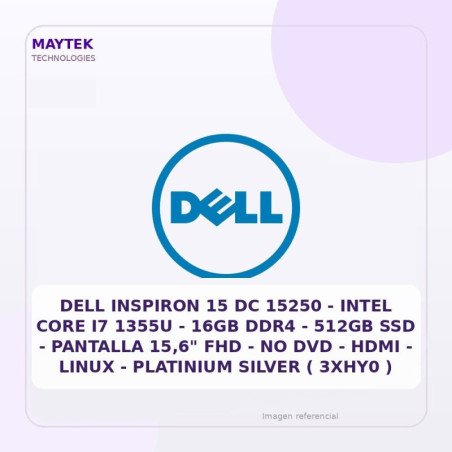 DELL Inspiron 15 DC 15250 | Intel CORE I7 1355U | 16GB DDR4 | 512GB SSD | Pantalla 15,6" FHD | NO DVD | HDMI | Linux | Platinium