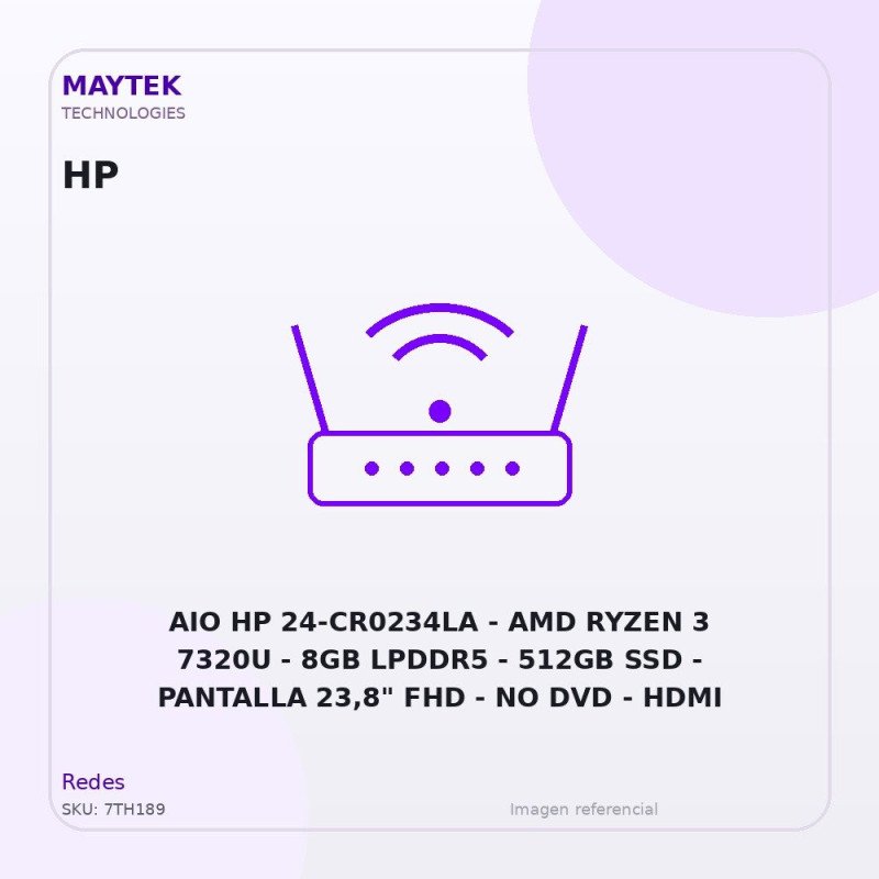 AIO HP 24-CR0234LA | AMD Ryzen 3 7320U | 8GB LPDDR5 | 512GB SSD | Pantalla 23,8" FHD | NO DVD | HDMI | RJ45 | Freedos | Negro (