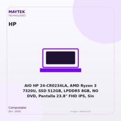 AIO HP 24-CR0234LA, AMD Ryzen 3 7320U, SSD 512GB, LPDDR5 8GB, NO DVD, Pantalla 23.8" FHD IPS, Sin Sistema Operativo, Negro