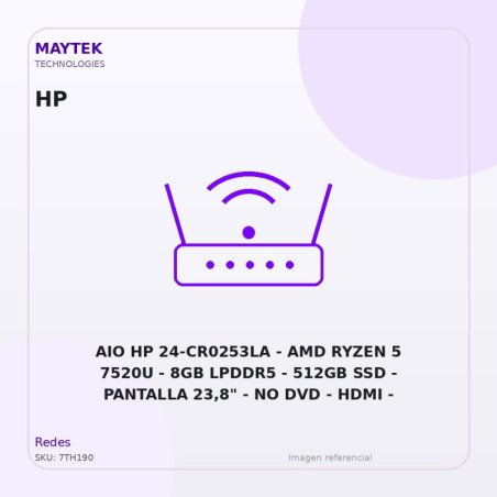AIO HP 24-CR0253LA | AMD Ryzen 5 7520U | 8GB LPDDR5 | 512GB SSD | Pantalla 23,8" | NO DVD | HDMI | RJ45 | Freedos | Negro (