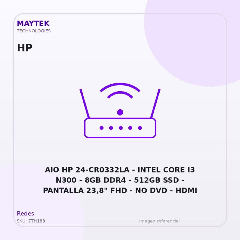 AIO HP 24-CR0332LA | Intel CORE I3 N300 | 8GB DDR4 | 512GB SSD | Pantalla 23,8" FHD | NO DVD | HDMI | Freddos | Negro (