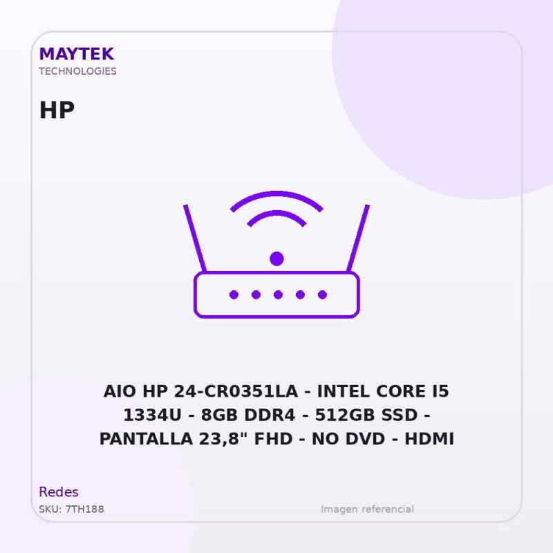 AIO HP 24-CR0351LA | Intel CORE I5 1334U | 8GB DDR4 | 512GB SSD | Pantalla 23,8" FHD | NO DVD | HDMI | Freedos | Negro (