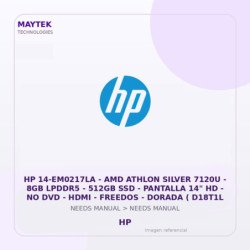 HP 14-EM0217LA | AMD Athlon Silver 7120U | 8GB LPDDR5 | 512GB SSD | Pantalla 14" HD | NO DVD | HDMI | Freedos | Dorada (