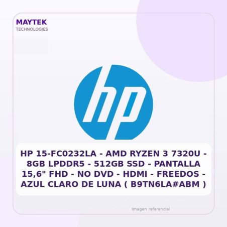 HP 15-FC0232LA | AMD Ryzen 3 7320U | 8GB LPDDR5 | 512GB SSD | Pantalla 15,6" FHD | NO DVD | HDMI | Freedos | AZUL Claro de LUNA