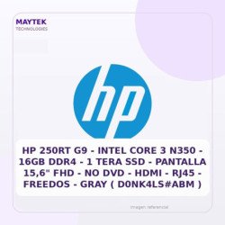 HP 250RT G9 | Intel CORE 3 N350 | 16GB DDR4 | 1 TERA SSD | Pantalla 15,6" FHD | NO DVD | HDMI | RJ45 | Freedos | GRAY (