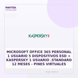 Microsoft Office 365 Personal 1 Usuario 5 Dispositivos ESD + Kaspersky 1 Usuario .standard 12 Meses - Pines Virtuales