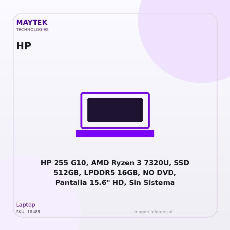 HP 255 G10, AMD Ryzen 3 7320U, SSD 512GB, LPDDR5 16GB, NO DVD, Pantalla 15.6" HD, Sin Sistema Operativo, Gris (BF9Z8AT#ABM)