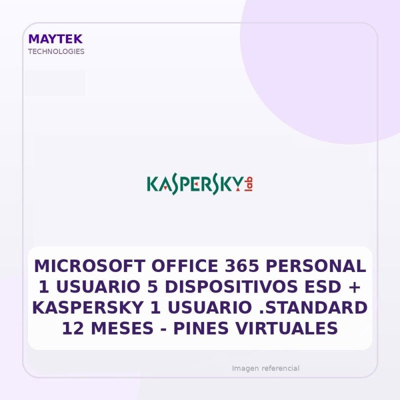 Microsoft Office 365 Personal 1 Usuario 5 Dispositivos ESD + Kaspersky 1 Usuario .standard 12 Meses - Pines Virtuales