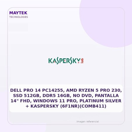 DELL Pro 14 Pc14255, AMD Ryzen 5 Pro 230, SSD 512gb, DDR5 16gb, NO DVD, Pantalla 14" FHD, Windows 11 Pro, Platinum Silver +