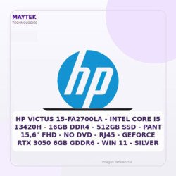 HP Victus 15-FA2700LA | Intel CORE I5 13420H | 16GB DDR4 | 512GB SSD | PANT 15,6" FHD | NO DVD | RJ45 | Geforce RTX 3050 6GB