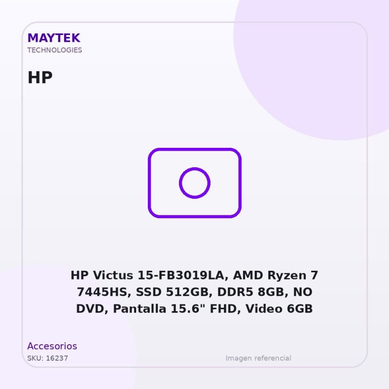 HP Victus 15-FB3019LA, AMD Ryzen 7 7445HS, SSD 512GB, DDR5 8GB, NO DVD, Pantalla 15.6" FHD, Video 6GB RTX3050, FreeDOS, Silver