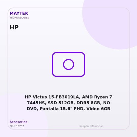 HP Victus 15-FB3019LA, AMD Ryzen 7 7445HS, SSD 512GB, DDR5 8GB, NO DVD, Pantalla 15.6" FHD, Video 6GB RTX3050, FreeDOS, Silver