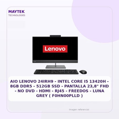 AIO Lenovo 24IRH9 | Intel CORE I5 13420H | 8GB DDR5 | 512GB SSD | Pantalla 23,8" FHD | NO DVD | HDMI | RJ45 | Freedos | LUNA