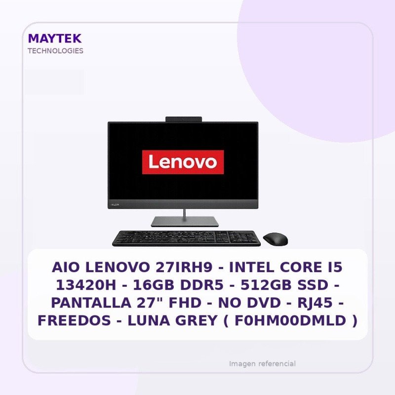 AIO Lenovo 27IRH9 | Intel CORE I5 13420H | 16GB DDR5 | 512GB SSD | Pantalla 27" FHD | NO DVD | RJ45 | Freedos | LUNA GREY (