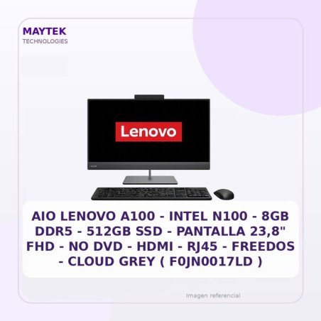 AIO Lenovo A100 | Intel N100 | 8GB DDR5 | 512GB SSD | Pantalla 23,8" FHD | NO DVD | HDMI | RJ45 | Freedos | Cloud GREY (