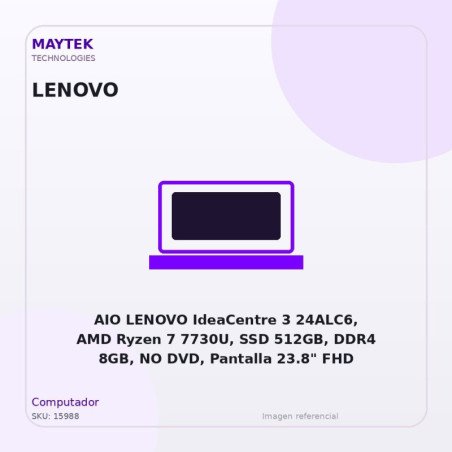 AIO LENOVO IdeaCentre 3 24ALC6, AMD Ryzen 7 7730U, SSD 512GB, DDR4 8GB, NO DVD, Pantalla 23.8" FHD IPS, Linux, Black