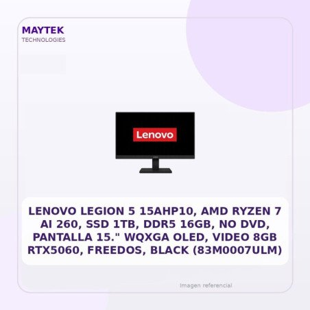 LENOVO Legion 5 15AHP10, AMD Ryzen 7 AI 260, SSD 1TB, DDR5 16GB, NO DVD, Pantalla 15." WQXGA OLED, Video 8GB RTX5060, FreeDOS
