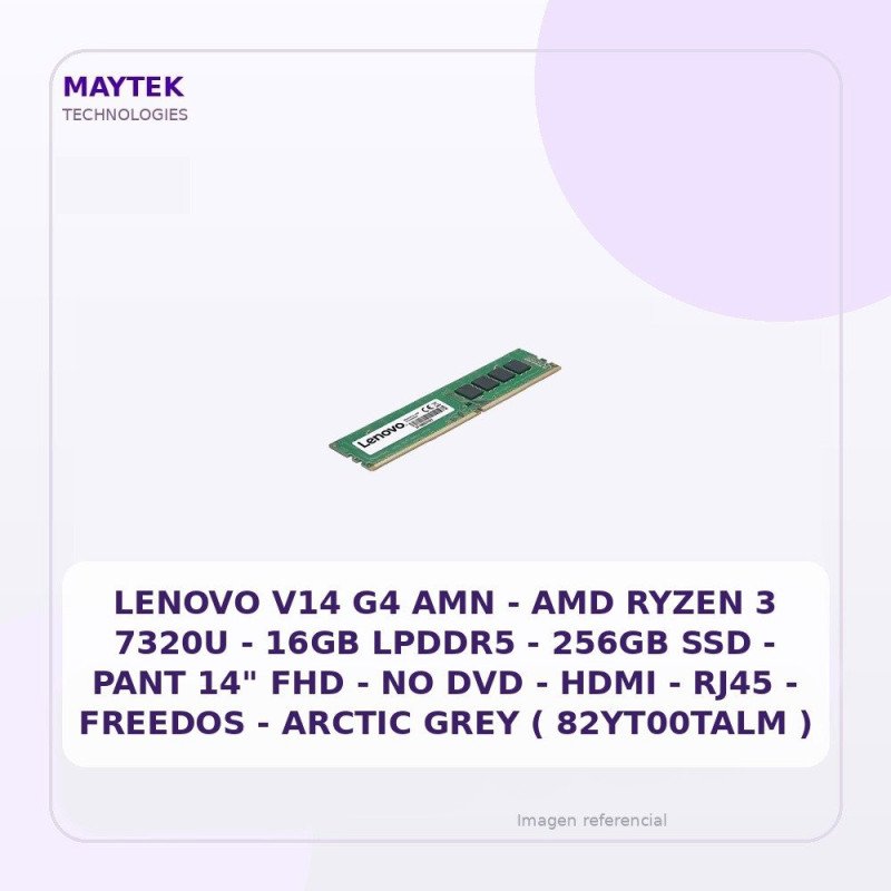 Lenovo V14 G4 AMN | AMD Ryzen 3 7320U | 16GB LPDDR5 | 256GB SSD | PANT 14" FHD | NO DVD | HDMI | RJ45 | Freedos | Arctic GREY (