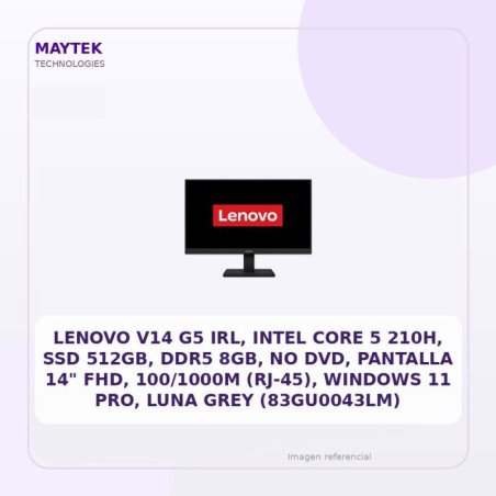 Lenovo V14 G5 IRL, Intel Core 5 210h, SSD 512gb, DDR5 8GB, NO DVD, Pantalla 14" FHD, 100/1000m (rj-45), Windows 11 Pro, Luna