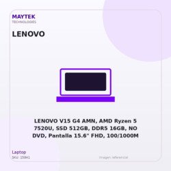 LENOVO V15 G4 AMN, AMD Ryzen 5 7520U, SSD 512GB, DDR5 16GB, NO DVD, Pantalla 15.6" FHD, 100/1000M (RJ-45), FreeDOS, Arctic Grey