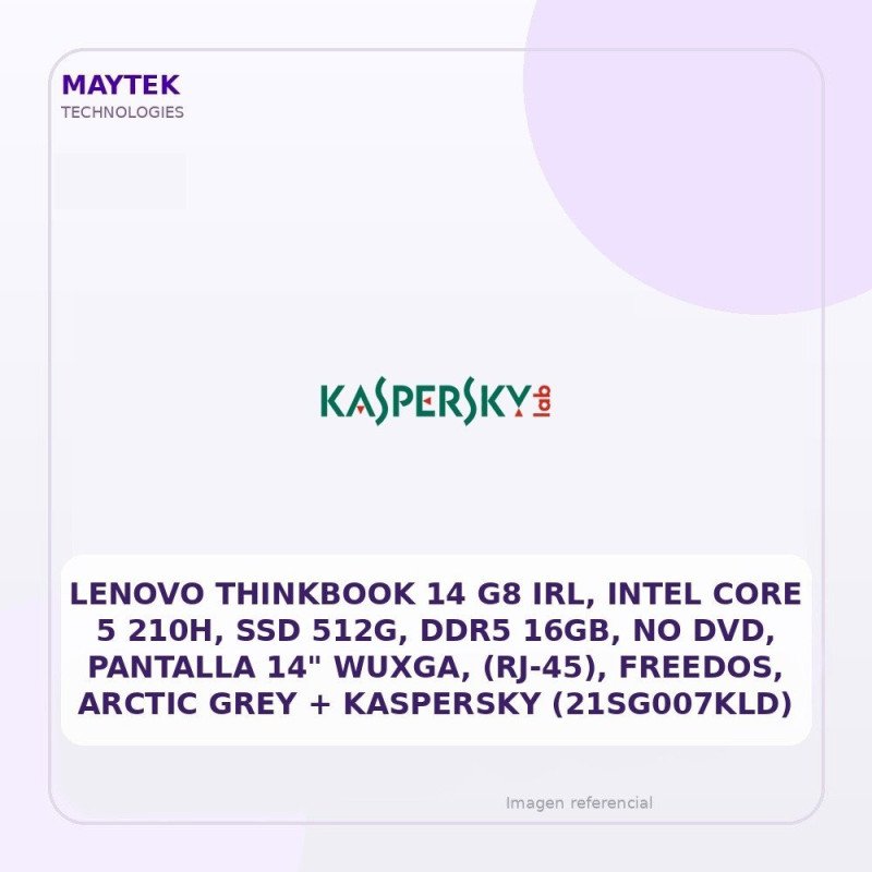 Lenovo Thinkbook 14 G8 IRL, Intel Core 5 210h, SSD 512g, DDR5 16gb, NO DVD, Pantalla 14" Wuxga, (rj-45), Freedos, Arctic Grey