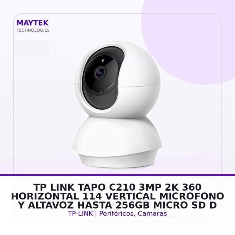TP-LINK TAPO C210 | 3MP 2K | 360 Horizontal | 114 Vertical | Microfono y Altavoz | Hasta 256GB Micro SD | Deteccion de