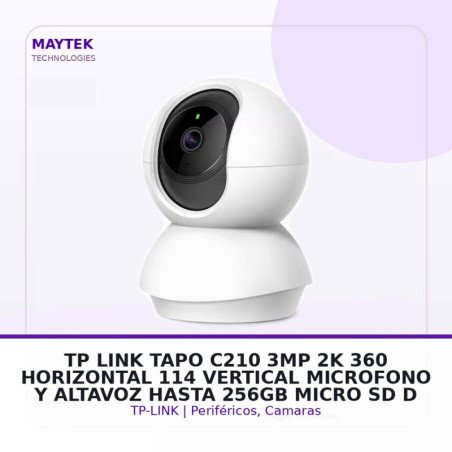 TP-LINK TAPO C210 | 3MP 2K | 360 Horizontal | 114 Vertical | Microfono y Altavoz | Hasta 256GB Micro SD | Deteccion de