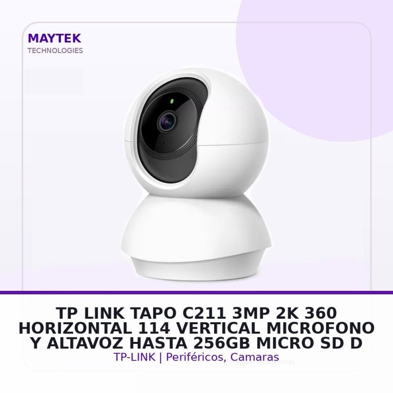 TP-LINK TAPO C211 | 3MP 2K | 360 Horizontal | 114 Vertical | Microfono y Altavoz | Hasta 256GB Micro SD | Deteccion de