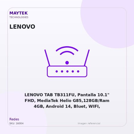 LENOVO TAB TB311FU, Pantalla 10.1" FHD, MediaTek Helio G85,128GB/Ram 4GB, Android 14, Bluet, WIFI, Doble Camara, Luna Grey