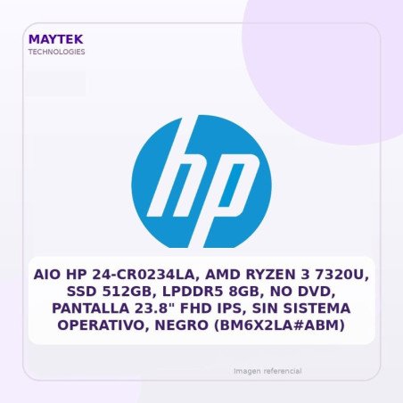 AIO HP 24-cr0234la, AMD Ryzen 3 7320u, SSD 512gb, Lpddr5 8GB, NO DVD, Pantalla 23.8" FHD IPS, Sin Sistema Operativo, Negro