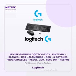 Mouse Gaming Logitech G203 Lightsync | Blanco | USB | Alambrico | RGB | 6 Botones Programables | Resol. 200 / 8000 DPI |