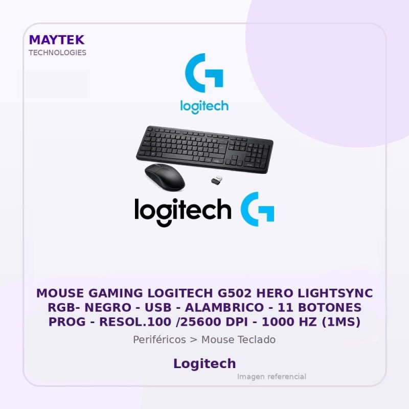 Mouse Gaming Logitech G502 HERO Lightsync RGB- Negro | USB | Alambrico | 11 Botones PROG | RESOL.100 /25600 DPI | 1000 HZ (1MS)