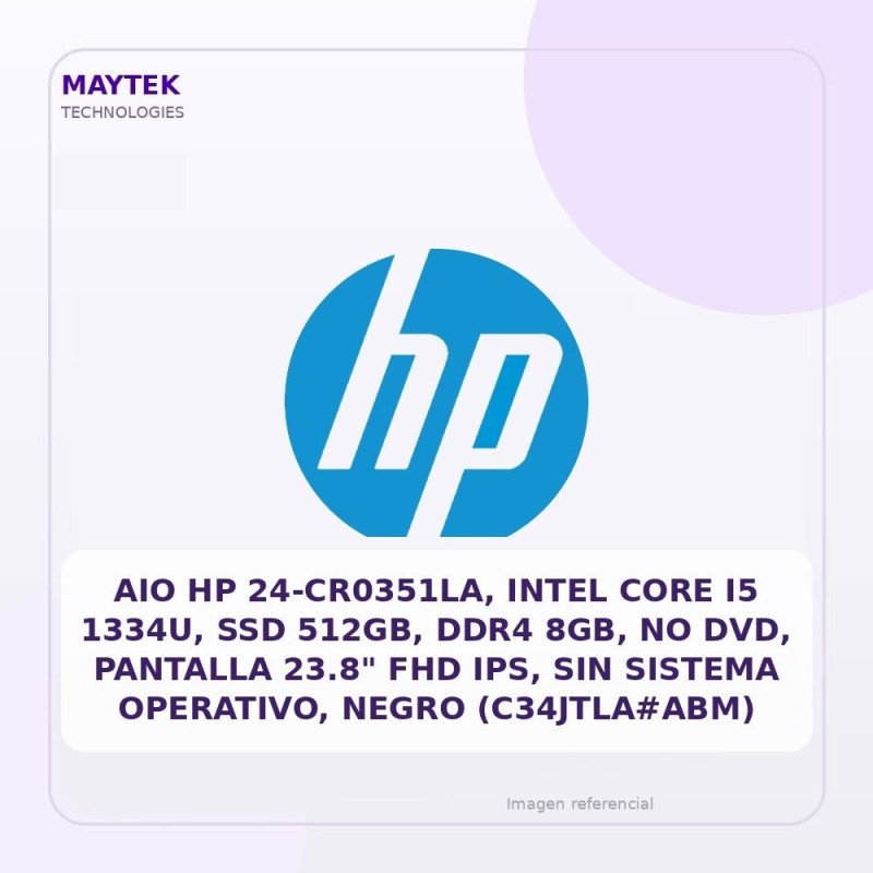 AIO HP 24-cr0351la, Intel Core I5 1334u, SSD 512gb, DDR4 8GB, NO DVD, Pantalla 23.8" FHD IPS, Sin Sistema Operativo, Negro
