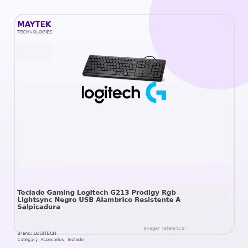 Teclado Gaming Logitech G213 Prodigy | RGB Lightsync | Negro | USB | Alambrico | Resistente a Salpicaduras | con Reposamanos