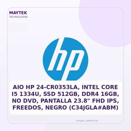 HP Aio Hp 24-cr0353la, Intel Core I5 1334u, SSD 512gb, DDR4 16gb, No Dvd, Pantalla 23.8" FHD Ips, Freedos, Negro (c34jgla#abm)