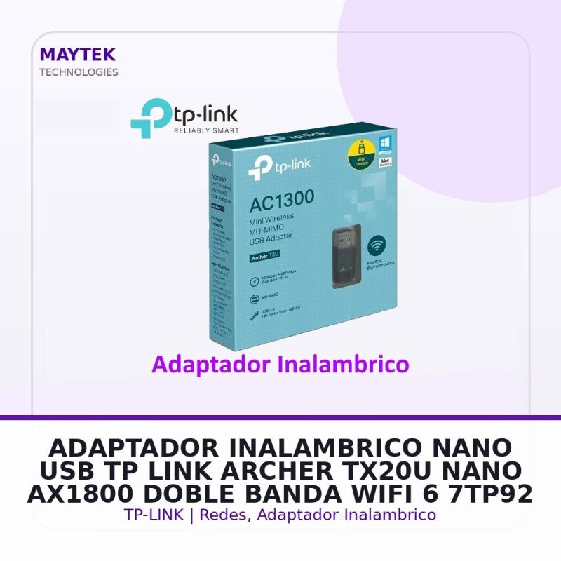 Adaptador Inalambrico NANO USB TP-LINK Archer TX20U NANO | AX1800 | Doble Banda | WIFI 6