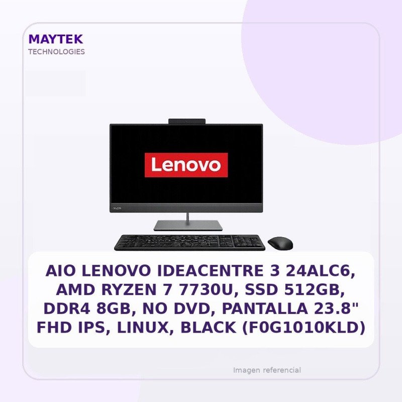 AIO Lenovo Ideacentre 3 24alc6, AMD Ryzen 7 7730u, SSD 512gb, DDR4 8GB, NO DVD, Pantalla 23.8" FHD IPS, Linux, Black