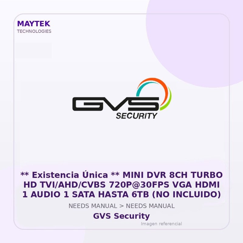 Gvs Security ** Existencia Única ** Mini Dvr 8Ch Turbo Hd Tvi/Ahd/Cvbs 720P@30Fps Vga HDMI 1 Audio 1 Sata Hasta 6Tb (No Incluid