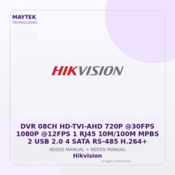 Hikvision Dvr 08Ch Hd-Tvi-Ahd 720P @30Fps 1080P @12Fps 1 Rj45 10M/100M Mpbs 2 USB 2.0 4 Sata Rs-485 H.264+