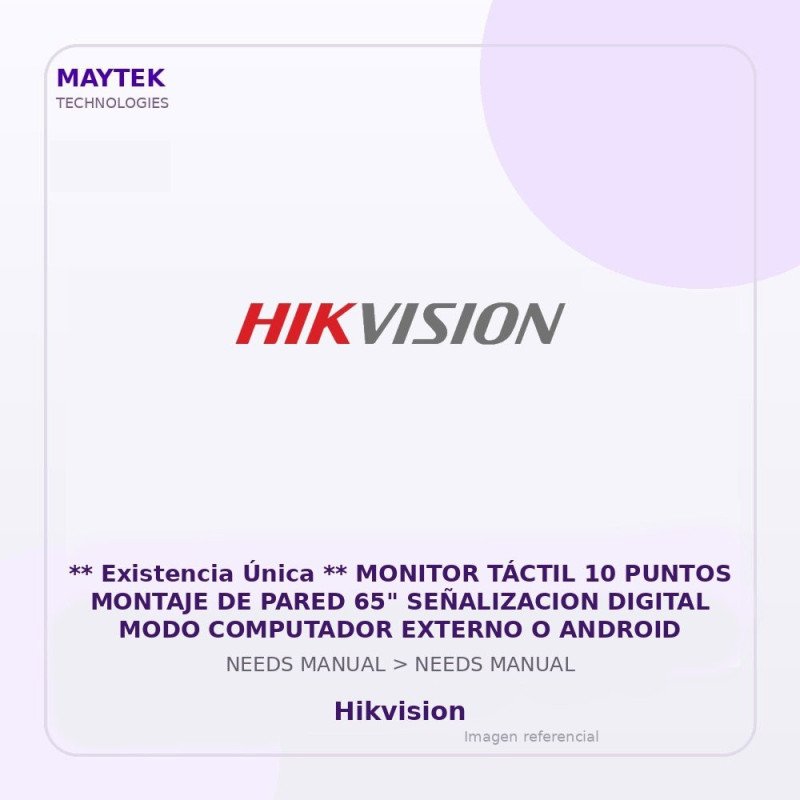 Hikvision ** Existencia Única ** Monitor Táctil 10 Puntos Montaje De Pared 65" Señalizacion Digital Modo Computador Externo O A