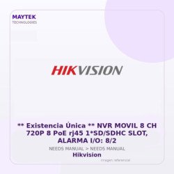Hikvision ** Existencia Única ** Nvr Movil 8 Ch 720P 8 POE Rj45 1*Sd/Sdhc Slot, Alarma I/O: 8/2