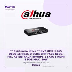 Dahua ** Existencia Única ** Nvr 8Ch H.265 Deco 1Ch@4K O 6Ch@2Mp Face Reco, Ivs, Ab Entrada 80Mbps 1 Sata 1 HDMI 8 POE Max. 80W