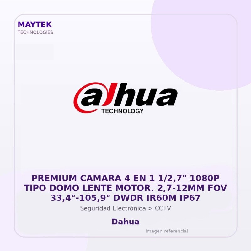 Dahua Premium Camara 4 En 1 1/2,7" 1080P Tipo Domo Lente Motor. 2,7-12Mm Fov 33,4°-105,9° Dwdr Ir60M Ip67