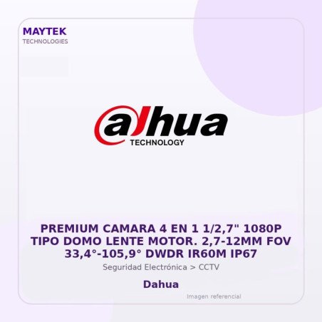 Dahua Premium Camara 4 En 1 1/2,7" 1080P Tipo Domo Lente Motor. 2,7-12Mm Fov 33,4°-105,9° Dwdr Ir60M Ip67