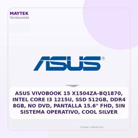 ASUS Vivobook 15 X1504za-bq1870, Intel Core I3 1215u, SSD 512gb, DDR4 8GB, NO DVD, Pantalla 15.6" FHD, Sin Sistema Operativo