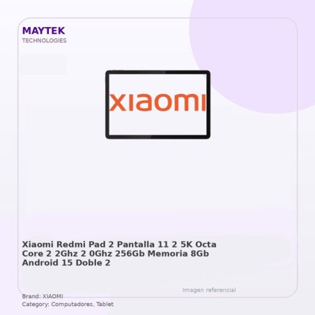Xiaomi Redmi PAD 2 | Pantalla 11" 2,5K | OCTA CORE (2,2GHZ / 2,0GHZ) | 256GB | Memoria 8GB | Android 15 | Doble Camara | WIFI |