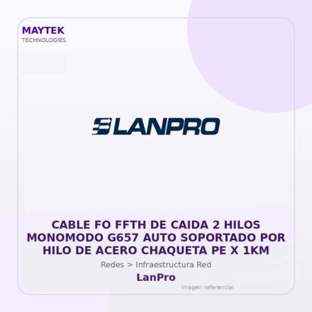 LanPro Cable FO FFTH de Caida 2 Hilos Monomodo G657 AUTO Soportado por HILO de Acero Chaqueta PE X 1KM