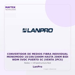 LanPro Convertidor de Medios Fibra Individual Monomodo 10/100/1000M Hasta 20KM BIDI WDM 5VDC Puerto SC (venta 2PCS)