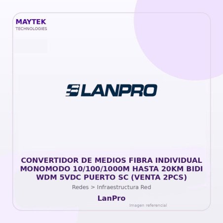 LanPro Convertidor de Medios Fibra Individual Monomodo 10/100/1000M Hasta 20KM BIDI WDM 5VDC Puerto SC (venta 2PCS)