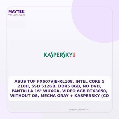 ASUS TUF Fx607vjb-rl108, Intel Core 5 210h, SSD 512gb, DDR5 8GB, NO DVD, Pantalla 16" Wuxga, Video 6GB Rtx3050, Without Os